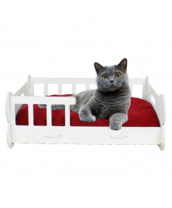 Beyaz Ahşap Büyük Kedi Yatağı Düz Model